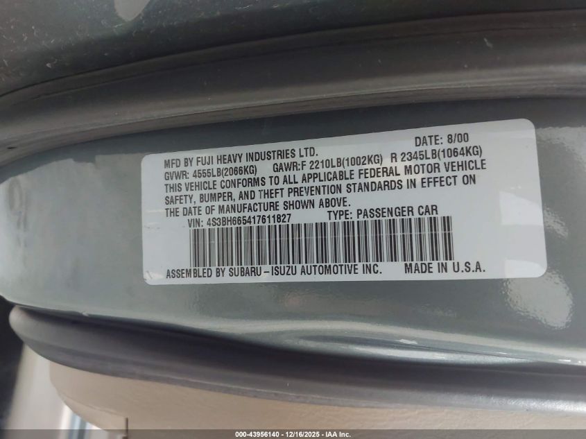 2001 Subaru Outback VIN: 4S3BH665417611827 Lot: 43956140