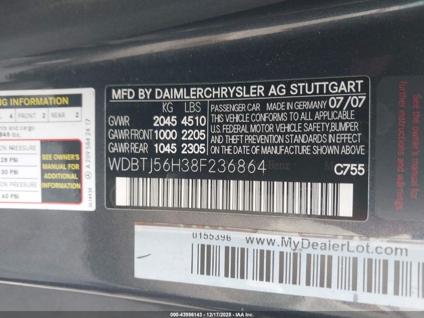 2008 Mercedes-Benz Clk 350 VIN: WDBTJ56H38F236864 Lot: 43956143