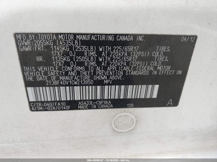 2012 Toyota Rav4 VIN: 2T3BF4DV1CW213950 Lot: 43956147