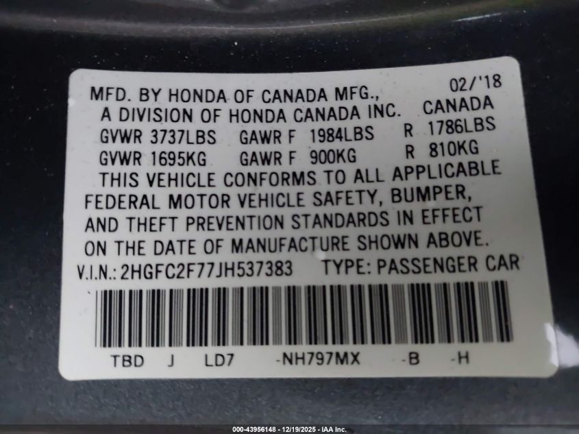 2018 Honda Civic Ex VIN: 2HGFC2F77JH537383 Lot: 43956148