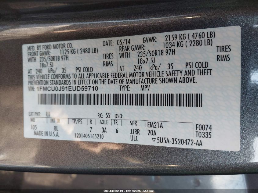 2014 Ford Escape Titanium VIN: 1FMCU0J91EUD59710 Lot: 43956149