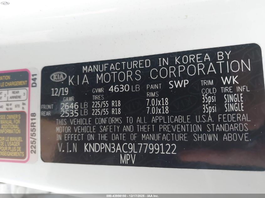 2020 Kia Sportage Ex VIN: KNDPN3AC9L7799122 Lot: 43956150