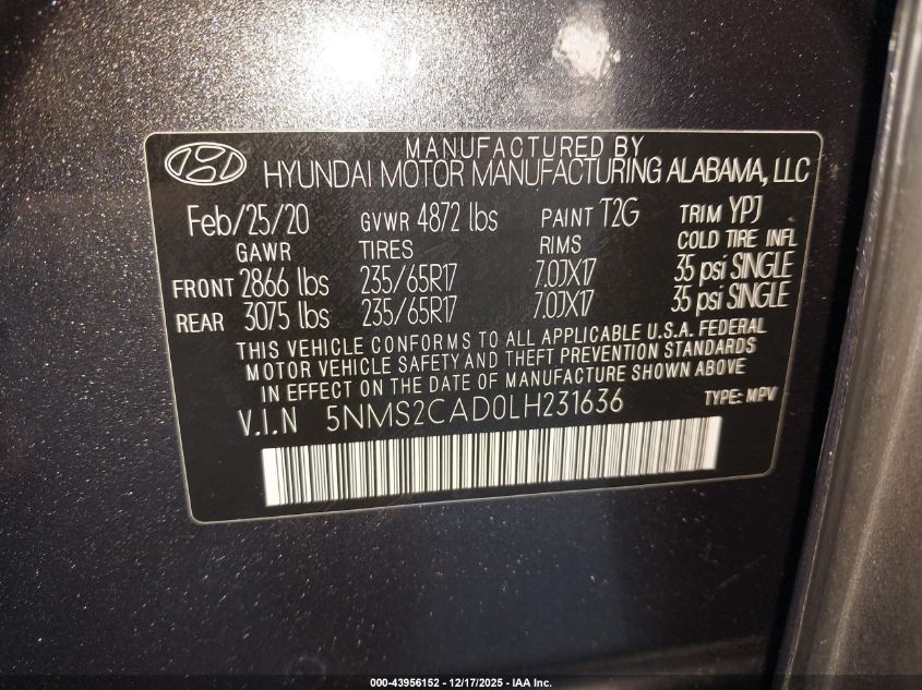 2020 Hyundai Santa Fe Se VIN: 5NMS2CAD0LH231636 Lot: 43956152