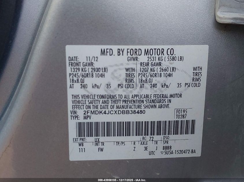 2013 Ford Edge Sel VIN: 2FMDK4JCXDBB38480 Lot: 43956155