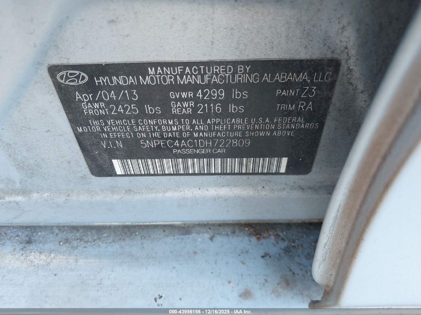 2013 Hyundai Sonata Limited VIN: 5NPEC4AC1DH722809 Lot: 43956156