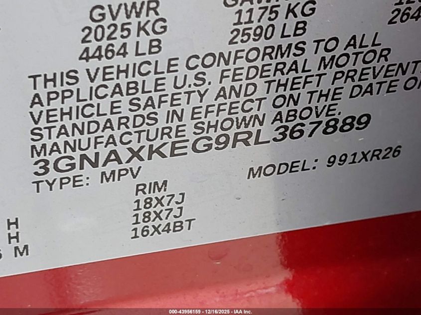 2024 Chevrolet Equinox Fwd Lt VIN: 3GNAXKEG9RL367889 Lot: 43956159