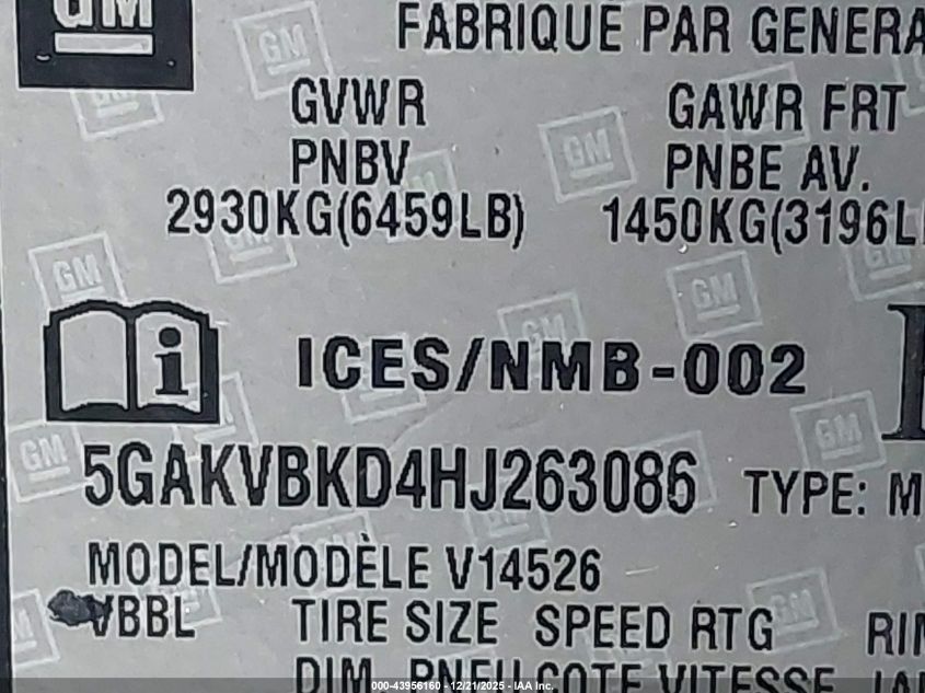 2017 Buick Enclave Leather VIN: 5GAKVBKD4HJ263086 Lot: 43956160