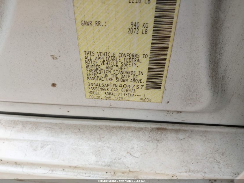 2015 Nissan Altima 2.5 Sl VIN: 1N4AL3AP1FN404757 Lot: 43956161