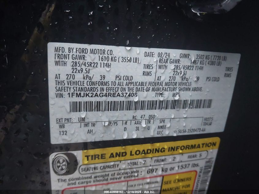 2024 Ford Expedition Limited Max VIN: 1FMJK2AG4REA37408 Lot: 43956163