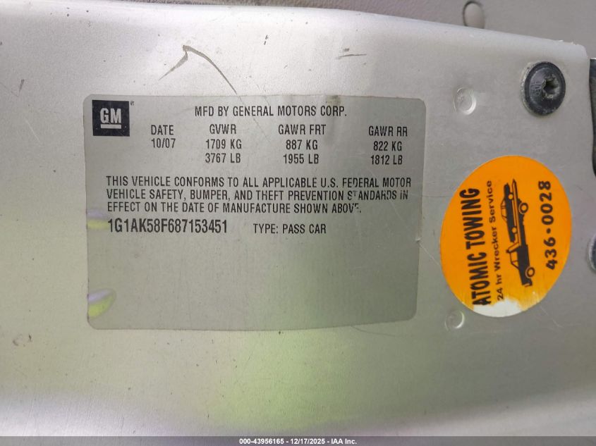 2008 Chevrolet Cobalt Ls VIN: 1G1AK58F687153451 Lot: 43956165