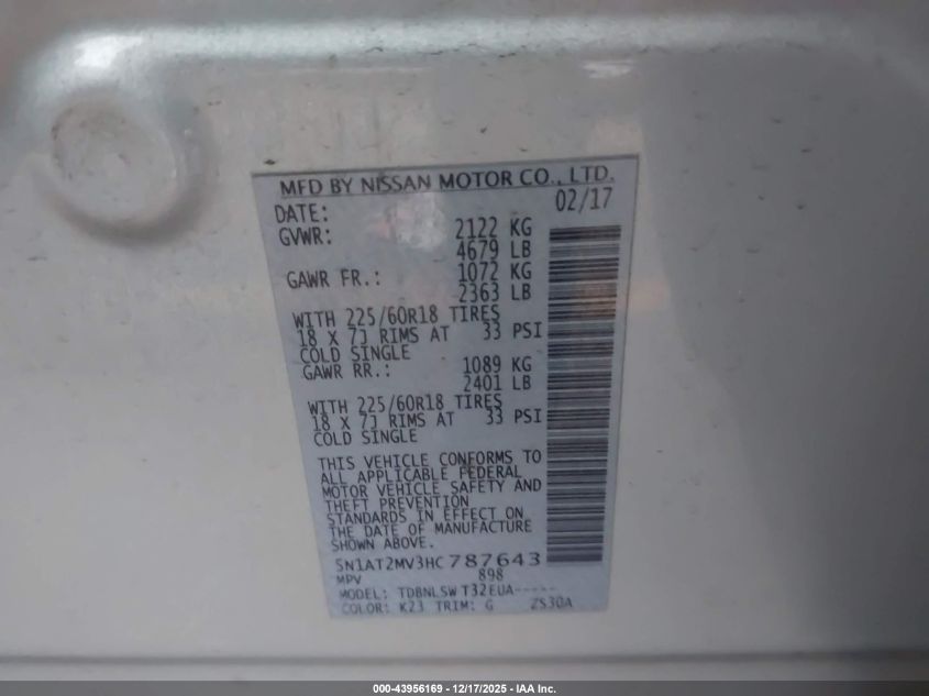 2017 Nissan Rogue Sl VIN: 5N1AT2MV3HC787643 Lot: 43956169