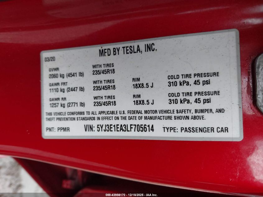 2020 Tesla Model 3 Standard Range Plus Rear-Wheel Drive/Standard Range Rear-Wheel Drive VIN: 5YJ3E1EA3LF705614 Lot: 43956170