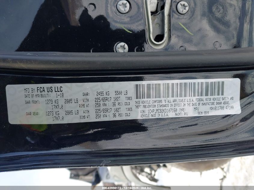 2019 Jeep Cherokee Latitude 4X4 VIN: 1C4PJMCB2KD107160 Lot: 43956172