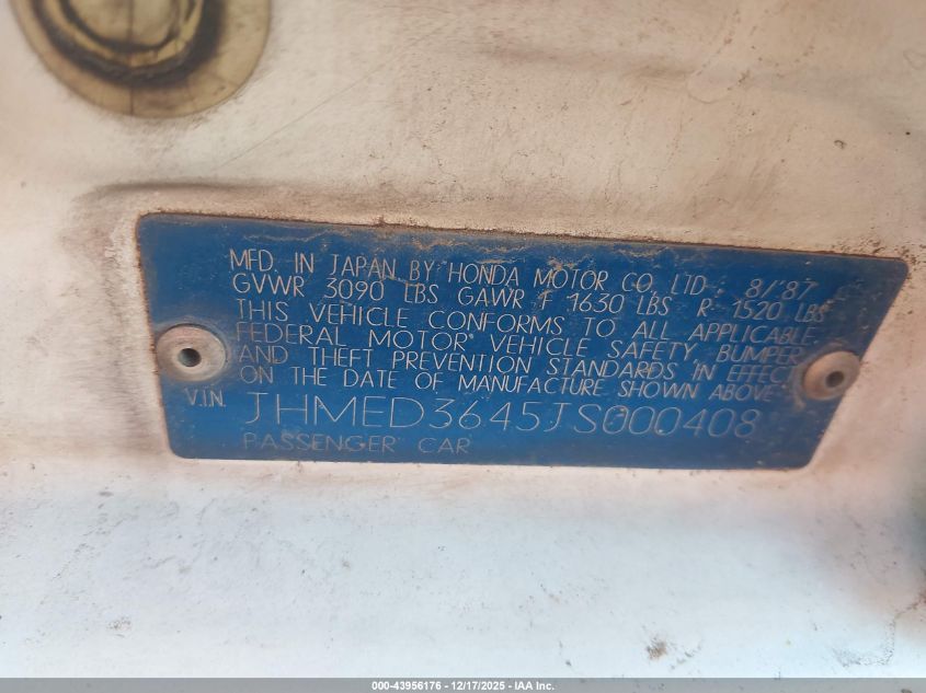 1988 Honda Civic 1.5 Dx VIN: JHMED3645JS000408 Lot: 43956176
