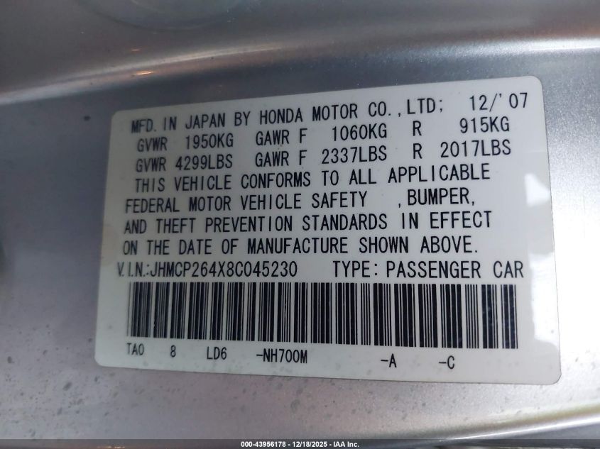 2008 Honda Accord 2.4 Lx-P VIN: JHMCP264X8C045230 Lot: 43956178