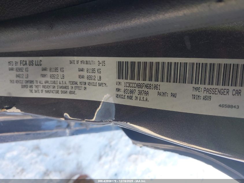 2015 Chrysler 200 Limited VIN: 1C3CCCAB6FN681061 Lot: 43956179