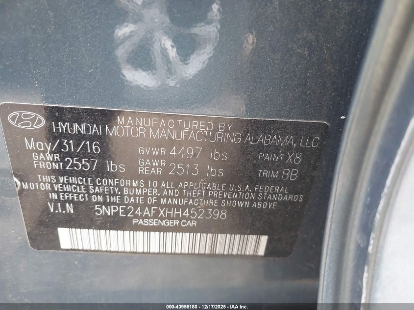 2017 Hyundai Sonata Se VIN: 5NPE24AFXHH452398 Lot: 43956180
