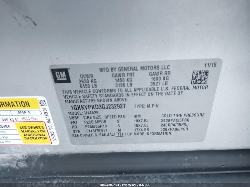2016 GMC Acadia Sle-2 VIN: 1GKKVPKD3GJ232927 Lot: 43956181