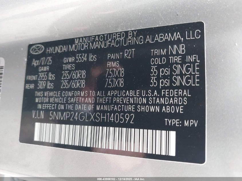2025 Hyundai Santa Fe Sel VIN: 5NMP24GLXSH140592 Lot: 43956182