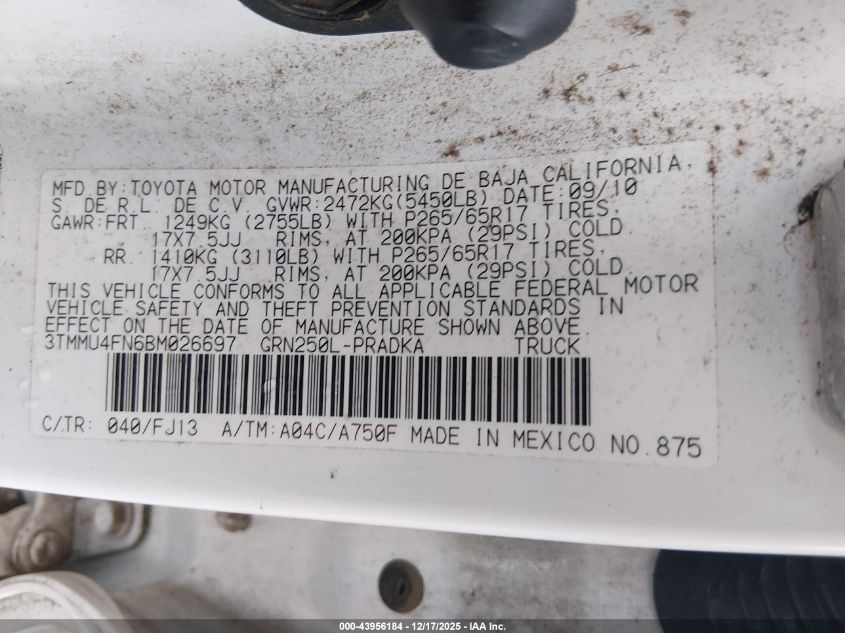 2011 Toyota Tacoma Base V6 VIN: 3TMMU4FN6BM026697 Lot: 43956184