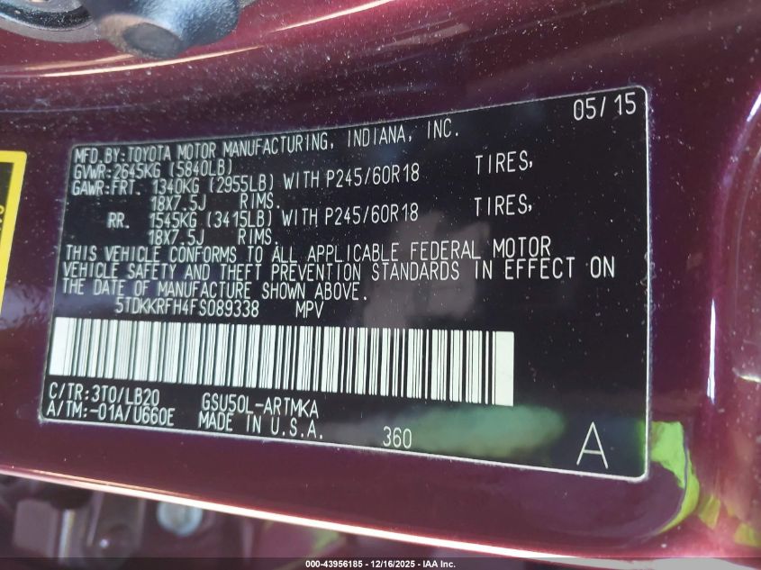 2015 Toyota Highlander Xle V6 VIN: 5TDKKRFH4FS089338 Lot: 43956185