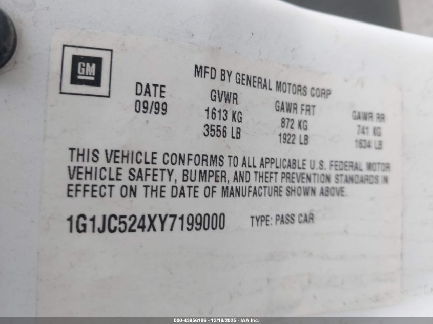 2000 Chevrolet Cavalier VIN: 1G1JC524XY7199000 Lot: 43956186