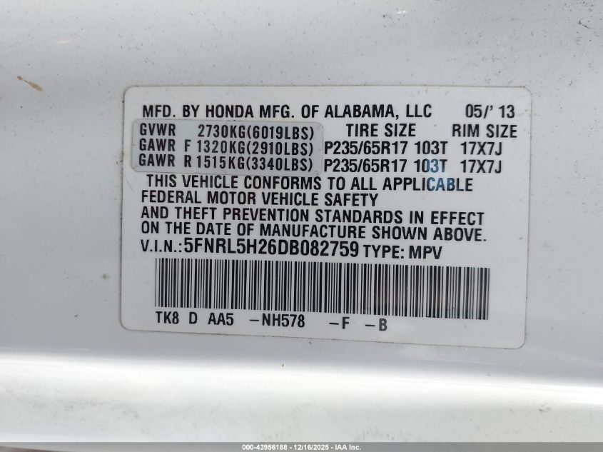 2013 Honda Odyssey Lx VIN: 5FNRL5H26DB082759 Lot: 43956188