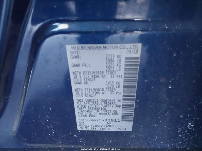 2019 Nissan Pathfinder Sv VIN: 5N1DR2MMXKC581911 Lot: 43956190