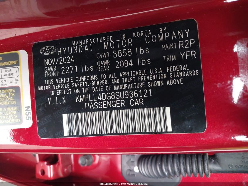 2025 Hyundai Elantra Se VIN: KMHLL4DG8SU936121 Lot: 43956195