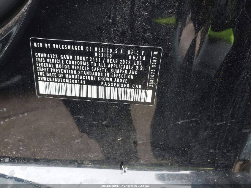 2019 Volkswagen Jetta 1.4T R-Line/1.4T S/1.4T Se VIN: 3VWCB7BU7KM209149 Lot: 43956197