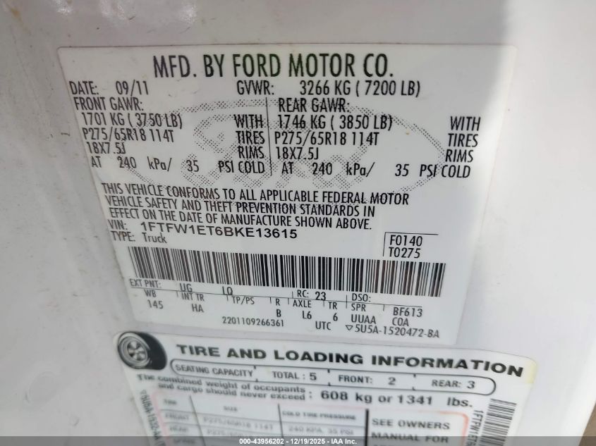 2011 Ford F-150 Lariat VIN: 1FTFW1ET6BKE13615 Lot: 43956202