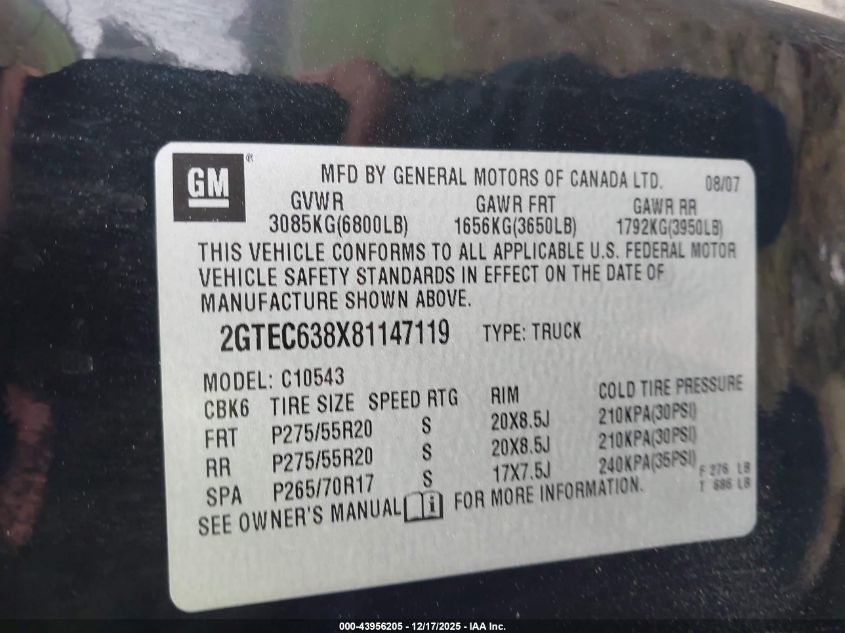2008 GMC Sierra 1500 Denali VIN: 2GTEC638X81147119 Lot: 43956205