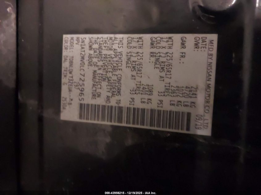 2020 Nissan Rogue Sv Intelligent Awd VIN: 5N1AT2MV0LC725965 Lot: 43956215