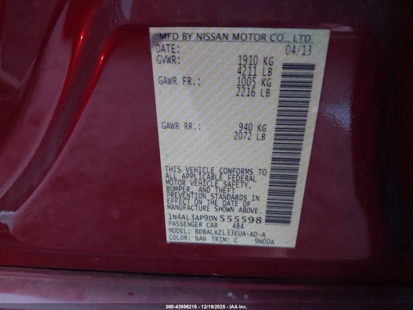 2013 Nissan Altima 2.5 Sl VIN: 1N4AL3AP9DN555598 Lot: 43956216