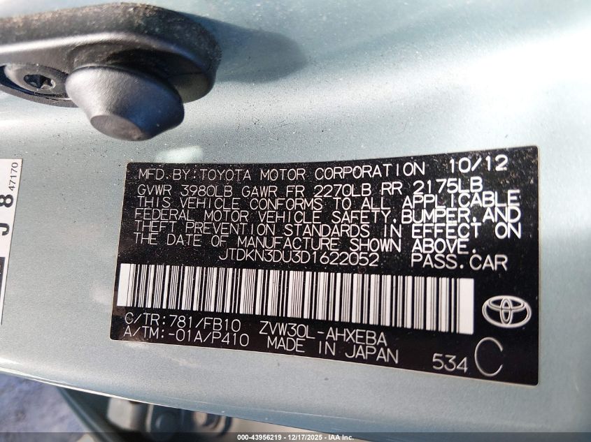 2013 Toyota Prius Two VIN: JTDKN3DU3D1622052 Lot: 43956219