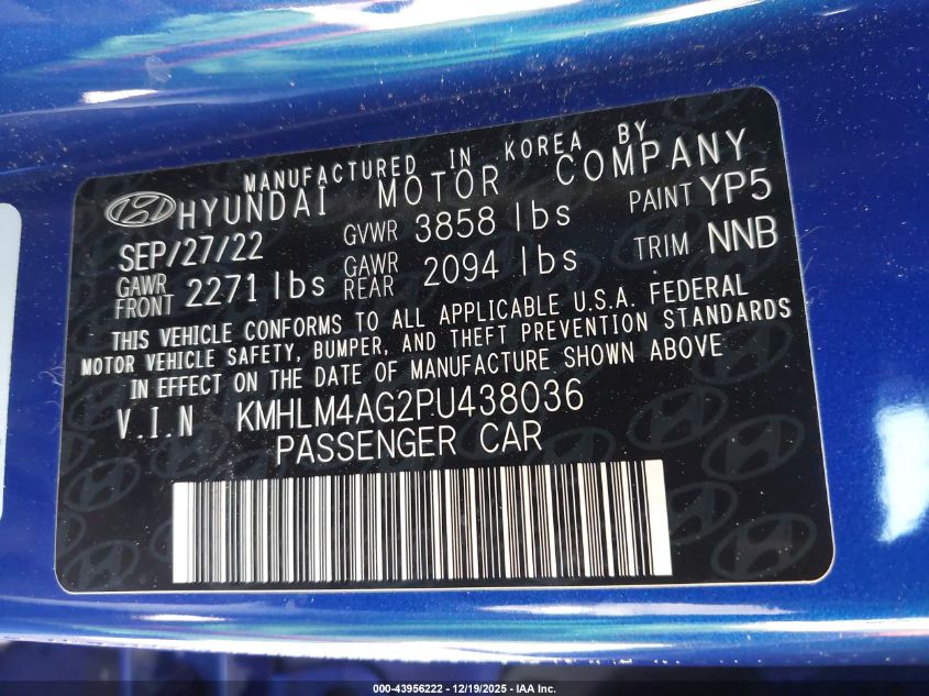 2023 Hyundai Elantra Sel VIN: KMHLM4AG2PU438036 Lot: 43956222