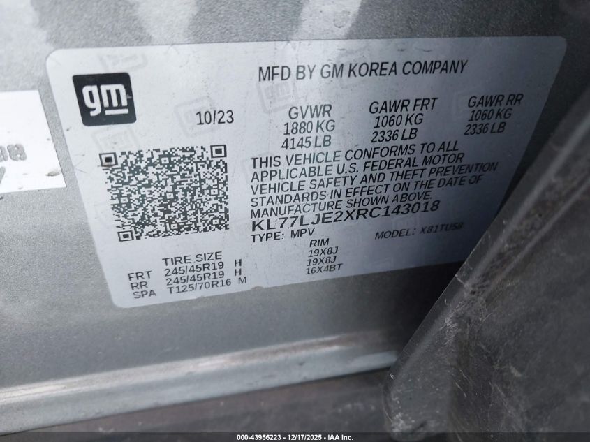 2024 Chevrolet Trax Fwd 2Rs VIN: KL77LJE2XRC143018 Lot: 43956223