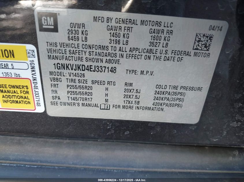 2014 Chevrolet Traverse 1Lt VIN: 1GNKVGKD4EG337148 Lot: 43956224