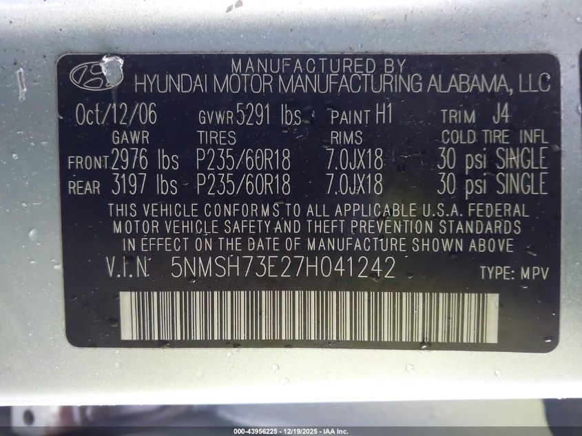 2007 Hyundai Santa Fe Limited/Se VIN: 5NMSH73E27H041242 Lot: 43956225