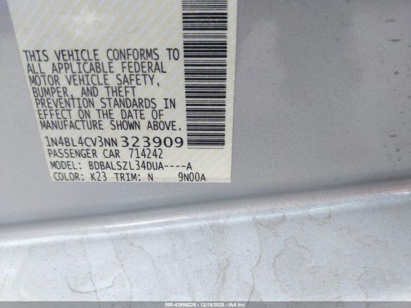 2022 Nissan Altima Sr Fwd VIN: 1N4BL4CV3NN323909 Lot: 43956226