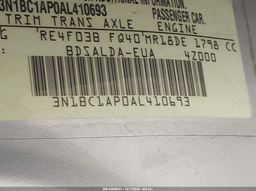 2010 Nissan Versa 1.8S VIN: 3N1BC1AP0AL410693 Lot: 43956231