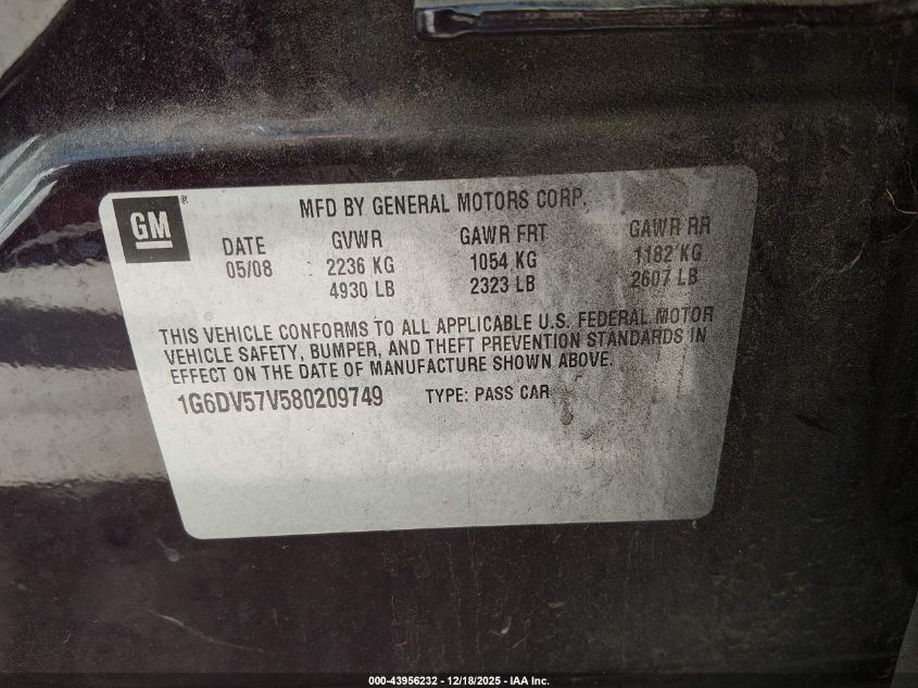 2008 Cadillac Cts Standard VIN: 1G6DV57V580209749 Lot: 43956232