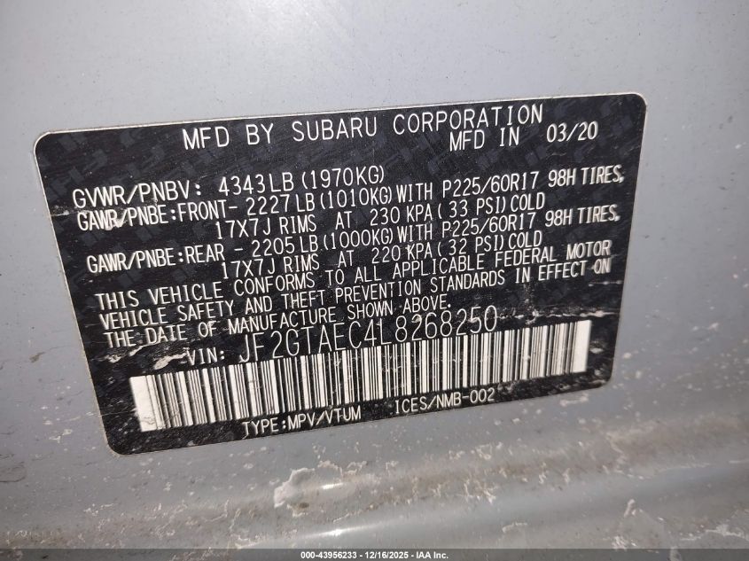 2020 Subaru Crosstrek Premium VIN: JF2GTAEC4L8268250 Lot: 43956233