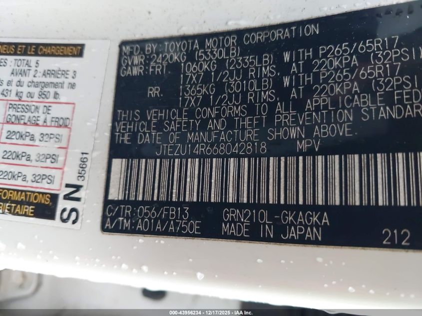 2006 Toyota 4Runner Sr5 Sport V6 VIN: JTEZU14R668042818 Lot: 43956234