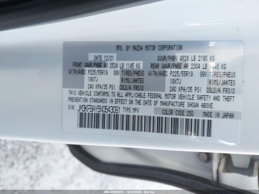 2022 Mazda Cx-5 2.5 Turbo VIN: JM3KFBAY5N0543091 Lot: 43956235