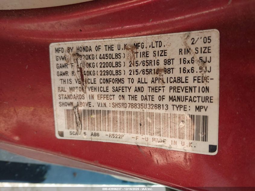 2005 Honda Cr-V Ex VIN: SHSRD78835U326813 Lot: 43956237