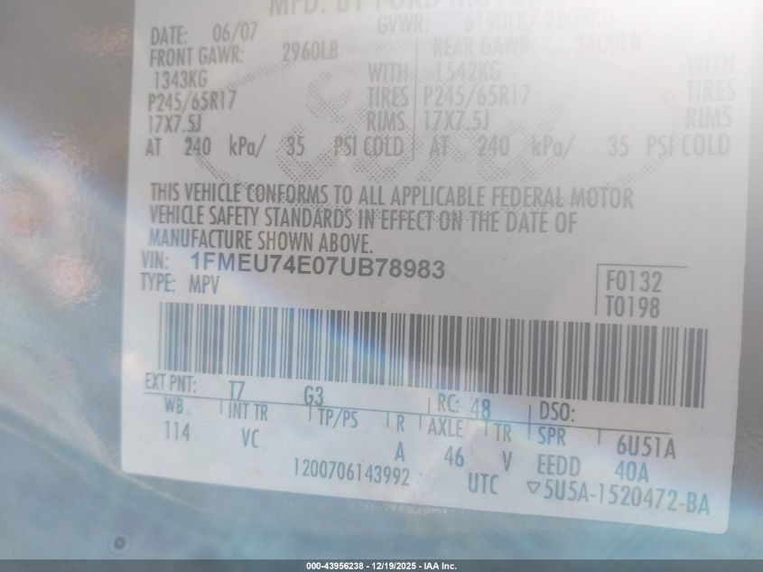 2007 Ford Explorer Eddie Bauer VIN: 1FMEU74E07UB78983 Lot: 43956238