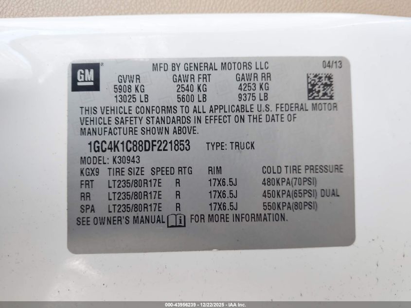 2013 Chevrolet Silverado 3500Hd Ltz VIN: 1GC4K1C88DF221853 Lot: 43956239
