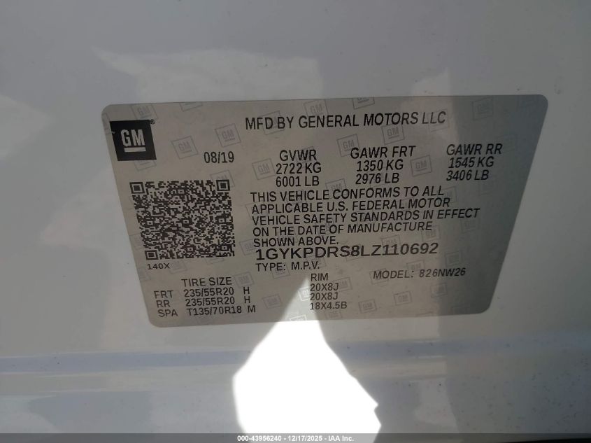 2020 Cadillac Xt6 Awd Premium Luxury VIN: 1GYKPDRS8LZ110692 Lot: 43956240