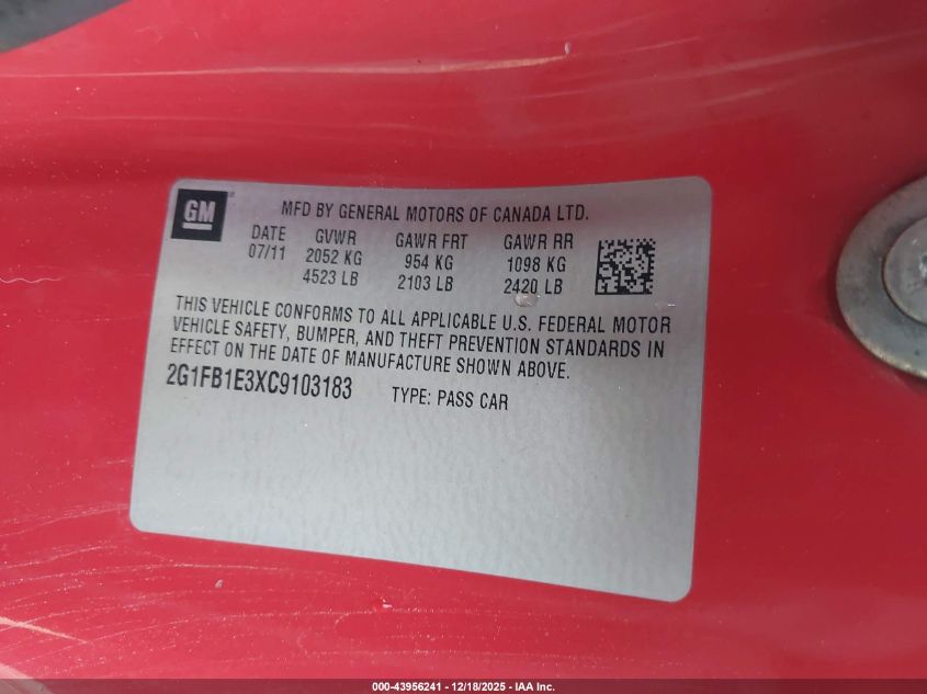 2012 Chevrolet Camaro 1Lt VIN: 2G1FB1E3XC9103183 Lot: 43956241